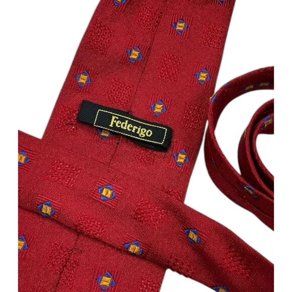 FEDERIGO LO JACQUARD Men's 100% Silk Necktie LUXURY Red Geometric W:3.7" EUC - Picture 2 of 4